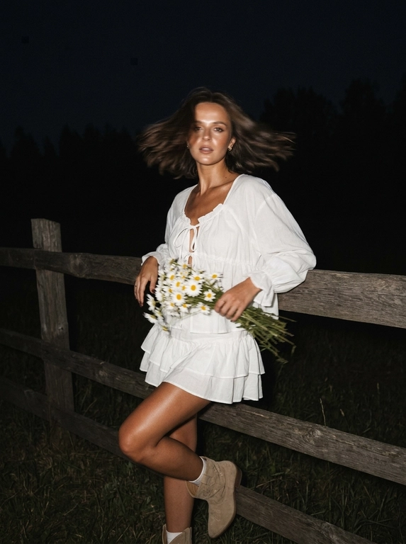 Cinematic candid night shot. iPhone RAW, direct flash, film grain aesthetic.

Girl standing leaning her back and elbows on a wooden fence in a field, distant trees behind her. She suddenly turned her head sharply toward the camera — motion blur from the sharp head turn: hair blur sweeping across the frame, slight blur on face edges, face still recognizable, expression caught mid-movement, alive and unexpected.

hair blown by wind — blur from the sharp turn creates dynamic hair trails across the frame, windswept movement intensifies the motion. Hand holding a bouquet of daisies caught mid-motion.

White short oversized summer blouse with tie detail on chest and ruffles. Matching short skirt with ruffles, same fabric. Beige short suede cowboy boots, white socks slightly visible.

Flawless makeup, dusty rose lips, bronzed tanned skin. Direct camera flash hits face and upper body — skin glowing and shiny, wet oil-skin effect, highlights on cheekbones, nose, forehead. Deep shadows behind her, background falls into dark night.

Dark night, no ambient light except flash. Wooden fence and distant tree silhouettes barely visible in the darkness. Flash creates strong contrast — figure brightly lit, everything behind fades to black.

Cinematic film grain, high ISO sensor noise, muted dark palette, no beauty filter, no plastic skin, no AI look, no watermark, no text.

--ar 9:16 --raw --style motion 50

Доп. характеристики: У девушки растрёпанные естественные волосы длины каре