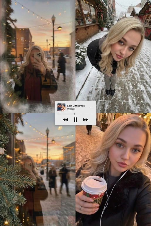   Многопанельный коллаж в стиле зимнего постера, передающий рождественскую атмосферу улицы, снятый как спонтанная фотография на iPhone. Сцена выглядит естественной, уютной и реалистичной: мягкий снегопад, тёплые отражения в окнах и едва заметная аналоговая зернистость создают праздничное, но сдержанное рождественское настроение. Все кадры объединены единым визуальным образом и ощущением зимнего уюта. 
 
В верхнем левом кадре — отражающая витрина магазина на закате. Слабые рождественские огни и матовые края стекла окружают человека, который держит телефон, частично закрывающий лицо. Тёплые блики света, гирлянды, уличные огни и проходящие силуэты создают мягкое размытие и многослойные отражения в стекле с естественным искажением кривизны. 
 
В верхнем правом кадре — крупный план, снятый сверху вниз, на заснеженном тротуаре или возле рождественского рынка. Человек небрежно наклоняется вперёд, создавая ощущение движения и спонтанности. Падающий снег формирует лёгкое размытие, а поверхность земли слегка искажается в зависимости от ракурса объектива, усиливая эффект съёмки с рук, без постановки. 
 
Нижний правый кадр — интимное селфи, сделанное сверху при тёплом уличном или кафешном освещении. В руках — праздничный напиток на вынос (кофе или глинтвейн), заметны проводные наушники. Детали хорошо проработаны, а мягкая зернистость усиливает ностальгическое рождественское настроение. 
 
В центре коллажа расположен минималистичный мини-плеер в стиле Apple Music, отображающий популярную рождественскую песню (например, «Last Christmas» или «All I Want for Christmas Is You»), выполненный в плоском, чистом дизайне без теней. 
 
Цветовая палитра тяготеет к тёплым янтарным, мягким красным, сосново-зелёным и приглушённым зимним серым тонам, создавая атмосферу праздничной близости, визуальной теплотой и эмоциональной узнаваемости — без ощущения постановки или футуризма.