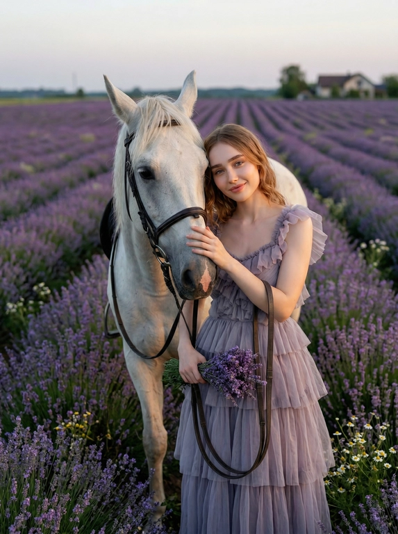 A fascinating full-length picture of a beautiful woman standing next to a majestic white horse on a huge bright lavender field at dusk. A woman dressed in a flowing lavender-gray multi-tiered dress with ruffles holds a bouquet of lavender in one hand and a horse’s reins in the other. Her head is gently tilted to the horse’s muzzle, creating an intimate connection. The white horse calmly stands next to her, slightly lowering his head. The composition is a medium plan, on which both objects are clearly depicted against the background of smooth lines of lavender rows. The lavender field dominates the background and foreground, stretching into the distance in wavy rows of intense purple color. The lighting is soft and diffused, characteristic of twilight or a slightly cloudy evening, casting delicate shadows and emphasizing the texture of the dress and the horse. The colors are mostly deep, rich purple colors of lavender, perfectly contrasting with the pure white color of the horse and the delicate lavender-gray color of the woman’s dress. The shade of green of lavender stems is visible. The style is romantic, dreamy and artistic, reminiscent of an editorial about high fashion or artistic photography. The mood is serene, elegant and magical, creating a sense of miracle and grace. Focus on the intricate details of the ruffled dress, the texture of the mane and horse hair, as well as on individual lavender flowers. The depth of field should be small enough for objects to stand out, but at the same time the vastness of the field is visible.