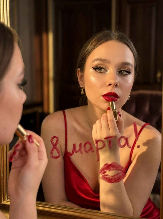 Отражение женщины в зеркале: женщина держит красную помаду. Гламурный макияж глаз с длинными чёрными стрелками, длинные густые ресницы с эффектом «лучики». Хайлайтер во внутренних уголках глаз и на скулах. Губы накрашены этой же красной помадой. Красное атласное платье на тонких лямках. Текст написанный на зеркале помадой от руки на русском языке без ошибок. Знак поцелуя красной помады на зеркале. Передний план: женское лицо, верхняя часть тела, рука, держащая помаду. Фон: зеркальная поверхность с текстом и поцелуем, размытое отражение интерьера. Глубина: неглубокая глубина резкости, фокус на женщине и поверхности зеркала. Портрет крупным планом, отражение, глаз, портретная линза, неглубокая глубина резкости. Тёплый золотой свет «золотой час», сильное боковое освещение. Женщина наносит помаду, отражение в зеркале, отражение в помещении, в помещении. Кожа, атласная ткань, золото (серьги, корпус помады, зеркальная рамка), стекло (зеркало). Фото сделано на iPhone 17 Pro Max.


Какая будет надпись?: Текст написанный на зеркале "С 8 марта!"