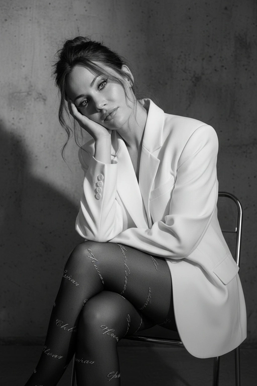 Портрет женщины, расслабленно сидящей на металлическом стуле со скрещенными ногами, голова наклонена в сторону и опирается на руку, средний план, перспектива на уровне глаз, естественный макияж со стрелками на глазах, с мягким контурингом и естественными губами, в объемном белом блейзере со структурированными плечами и капроновых колготках с узорами в виде красивых надписей , на фоне фактурной стены, драматическое кинематографическое освещение, боковое освещение справа, резкие контрастные тени, таинственная и напряженная атмосфера, съемка портретным объективом 85 мм, малая глубина резкости, высокохудожественная редакционная фотография, фотореалистичный, высокая детализация, монохромная цветовая палитра.

Волосы заколоты в небрежную прическу наверх