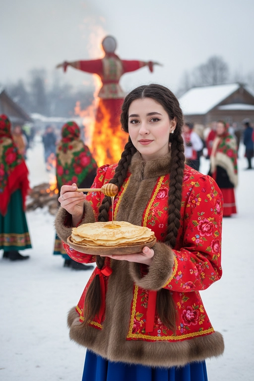 Ультрареалистичная документальная фотосъёмка, зима, традиционный праздник Масленица. Вертикальный формат 9:16, средний план, уровень глаз, лёгкий поворот корпуса, естественная осанка, прямой взгляд в камеру, спокойная уверенная мимика, мягкая неигровая улыбка; лицо на 100% идентично исходному референсу — полностью узнаваемо, без искажений и без изменения пропорций, черт и внешности; любые изменения лица запрещены, легкий морозный румянец.
Одежда: традиционный богатый русский праздничный костюм — красный приталенный кафтан с богатой цветочной вышивкой, меховая отделка, синяя юбка.
В руках деревянная тарелка с тонкими блинами и деревянная ложка с мёдом, момент поливания, тянущаяся капля в движении.
Фон: горящее чучело Масленицы, люди в народной зимней одежде, снег, деревянные постройки, живое пламя.
Естественный рассеянный дневной свет, реалистичные тени, точная цветопередача, умеренная глубина резкости. 8K, высокая фактурная детализация. Две длинные косы с вплетёнными красными лентами
