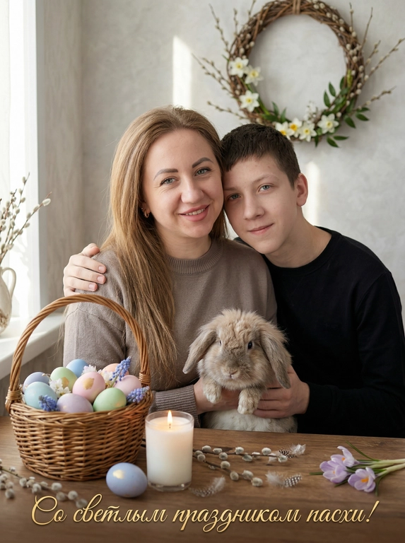 Две модели сидят вместе в уютной пасхальной обстановке. Одна модель сидит спереди, слегка повернувшись к камере, с волосами как у референса. Одежда нейтрального тёплого оттенка. Вторая модель сидит рядом, нежно обнимая первую за плечи, с волосами как у референса. Одежда нейтрального тёплого оттенка, без выраженных гендерных деталей. Выражение лица мягкое, заботливое, с тёплой нежностью. Обе держат вместе пушистого кролика с длинными ушами.
На переднем плане плетёная корзина из натуральной лозы с пасхальными яйцами пастельных тонов — голубыми, розовыми, мятными, лавандовыми, украшенными золотыми узорами и блестящими деталями. Рядом белая свеча в стеклянном подсвечнике с тёплым огоньком, рассыпаны лепестки весенних цветов и маленькие перышки.
Фон нейтрально-серый с пастельным оттенком, мягко размыт, с силуэтом пасхального венка из вербы и первоцветов — подснежников, крокусов, нарциссов. Мягкое освещение падает слева, подчёркивая текстуру кожи, шерсть кролика и блеск пасхальных яиц. Атмосфера нежности, умиротворения и сказочного пасхального утра, ощущение традиций и тёплой заботы.
Фотореалистичное изображение, высокая детализация текстур, 8K разрешение, профессиональная праздничная фотосессия. Оставь лица и возраст с исходного фото. 
Внизу красивая золотая надпись.

Какая будет надпись?: Со светлым праздником пасхи!
