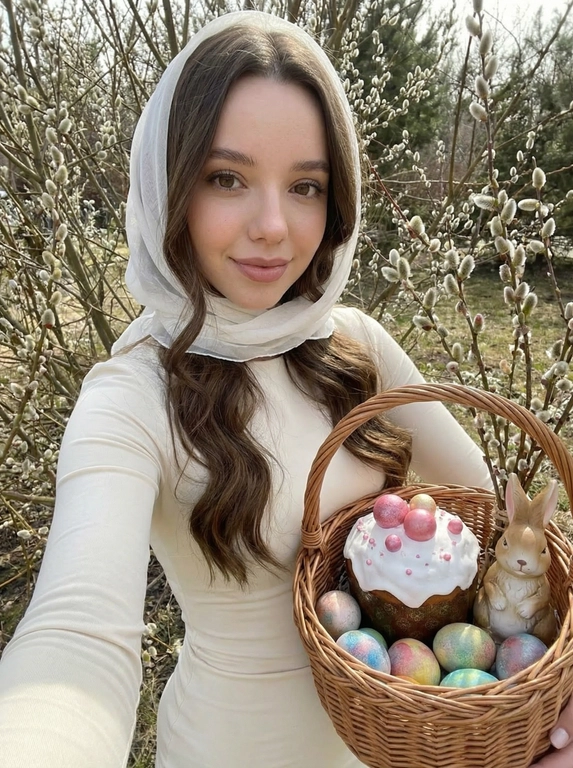Создай гиперреалистичное селфи. Не меняя черты лица. Женщина делает селфи на улице среди цветущей вербы. Она смотрит в камеру, позируя с лёгкой улыбкой. Она держит большую корзинку с безупречным куличом, украшенным розовыми украшениями на белой глазури. Виднеются яйца, покрашенные втиркой разноцветного цвета. В корзинке виднеется фигурка пасхального кролика. Макияж безупречный. На женщине платье по фигуре с длинным рукавом молочного цвета, белая чуть прозрачная косынка. Телефон не видно в кадре.