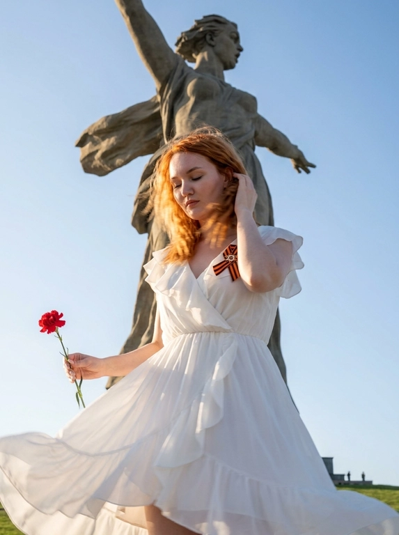 Фотореалистичная съёмка у монумента «Родина-мать зовёт» в
Волгограде. Крупный план, ракурс снизу вверх с небольшим наклоном камеры. Женщина в кадре по пояс, кружится вправо. Лёгкий motion blur на развевающихся волосах, краях ткани и кончиках пальцев. Голова опущена и слегка наклонена, глаза прикрыты, выражение спокойное и сосредоточенное.
Правая рука поднята к голове, заправляет прядь за ухо. Левая рука опущена и держит красную гвоздику. Платье белое летящее с длинными свободными рукавами,
V-образным вырезом, рюшами по декольте и плечам, многослойной воздушной юбкой с оборками, развевается на ветру. На груди приколота Георгиевская лента. На заднем плане монумент «Родина-мать зовёт» - гигантская каменная скульптура женщины с поднятым мечом в правой руке и отведённой в сторону левой, голова повёрнута влево. Ракурс снизу подчёркивает масштаб.
Небо ясное голубое с лёгкими перистыми облаками. Свет естественный солнечный, фронтально-боковой, тёплые блики на коже и ткани, мягкие тени на скульптуре. Композиция: женщина снизу справа, монумент занимает верхнюю часть кадра.
Цветокоррекция нейтральная тёплая, высокая детализация ткани, волос, камня и металла.

Доп. характеристики: сохрани черты лица 1:1 С ЗАГРУЖЕННОГО ФОТО