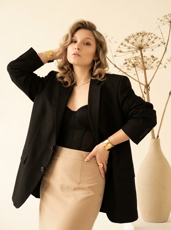 Фэшн-фотография: элегантная женщина  в массивном чёрном оверсайз-пиджаке, под ним чёрный корсет и бежёвая юбка с высокой посадкой, золотые украшения (широкие браслеты, крупное кольцо, тонкое колье, серьги-кольца); студийная съёмка на однотонном тёплом кремовом фоне, сзади огромная ваза с растение борщевик засохший, центральная композиция, кадр по бёдра, лёгкий низкий ракурс, динамичная поза — левая рука за головой, правая опущена у талии; мягкий рассеянный высокоключевой свет с деликатными тенями, тёплая тональность, минималистичное, уверенное и глянцевое настроение в стиле модного редакционного портрета, мягкая ретушь, акцент на текстурах ткани и рельефе живота, shallow DOF, объектив 50mm, апертура f/2.8, ISO 100, выдержка 1/160s, высокое разрешение, чёткая детализация.

Какая будет прическа?: Волосы уложены в мягкие локоны