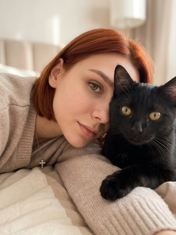 Уютное селфи женщины с котом на кровати
