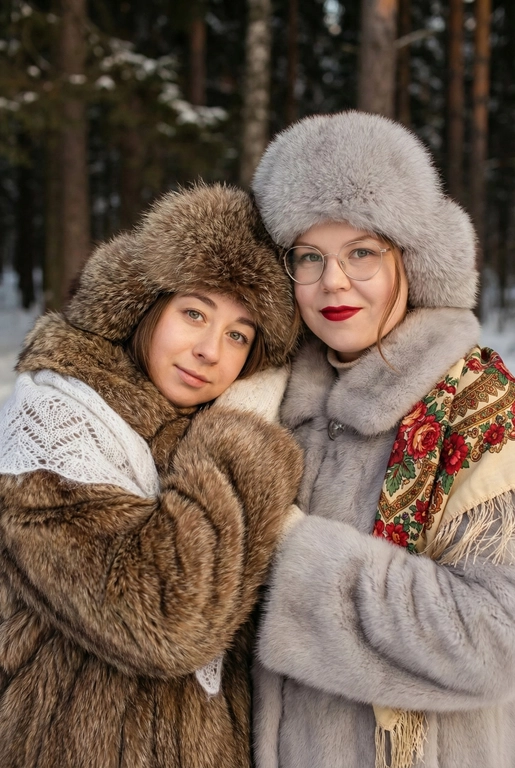 Создай кадр, который представляет собой теплый, уютный, слегка ностальгический зимний портрет в фэшн/фолк-стиле. Атмосфера спокойная, элегантная, дружеская близость двух моделей; сочетание высокой моды (мех, профессиональная ретушь) и фольклорной эстетики (вышитый шарф). Композиция и позирование: Форма кадра: портретный, вертикальный (соотношение примерно 3:4). Расположение: две женщины в центре кадра, тела и головы видны на груди; правая модель немного ближе к камере. Позы: девушки стоят близко друг к другу, левая модель слегка опирается на правую; плечи слегка повернуты к камере. Взаимодействие: мягкая улыбка, закрытое выражение лица, взгляд в камеру; дружелюбный, уверенный тон. Лица и макияж: Кожа: гладкая, естественная текстура, легкий эффект сияния. Глаза: аккуратные блики – оживляют взгляд; нейтральный/теплый макияж теней. Брови: естественная форма, слегка очерчены. Губы: у правой модели насыщенный матовый красный (центральный акцент), у левой – нежно-розовый нюдовый. Волосы: свободные пряди вокруг лица, несколько прядей с легкой волной для естественности. Шапки: большие пушистые меховые шапки с очень четко выраженной текстурой меха; справа – светло-серый мех, слева – коричневый мех. Форма: высокие, округлые, плотно сидят на голове, частично закрывают лоб – создают силуэт и рамку для лица. Верхняя одежда и текстуры: меховые пальто: густой натуральный мех у левой модели коричневый, у правой модели – светло-серый тон с видимым направлением волосков; богатая текстура и объем. У девушки справа на правом плече маленький платок с традиционным русским орнаментом – яркие цветы и листья, на фоне глубокого красного цвета с золотисто-терракотовыми, зелеными деталями; Тонкая бахрома ниспадает на ее плечо. У девушки слева на левом плече небольшой вязаный белый шарф с крупным ажурным узором, что добавляет контраста в текстуре и цвете. Окружение и фон: Лес: темные хвойные деревья, вертикальные силуэты стволов; снег на земле/вдали — размытый фон (боке).