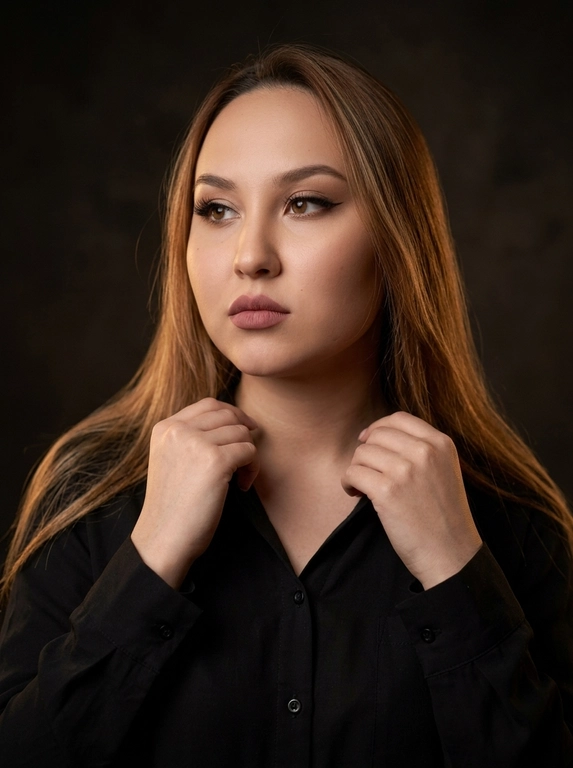 Ultra-realistic cinematic fashion portrait, moody editorial style. Elegant, refined, sophisticated atmosphere. Waist-up shot. A woman in soft low light, both hands raised near the collarbone, fingertips lightly touching the thin straps of her top, elbows relaxed and lowered, shoulders soft. Head slightly turned to the side, thoughtful gaze directed away, calm and confident expression. Long dark hair falling over one shoulder. Evening glam makeup: defined winged eyeliner, full lashes, soft face contouring, dusty-rose matte lipstick. Fitted black sleeveless top with thin straps and a square neckline, matte fabric; delicate silver bracelet on the wrist. Minimalist warm dark-toned interior, plain softly textured background fading into deep shadow, subtle warm light on the wall behind. Low-key lighting, soft warm side light emphasizing the collarbones, shoulder line and cheekbones. Deep cinematic shadows for volume and dramatic mood. 85mm f/1.4, shallow depth of field, focus on the eyes and face, soft background blur. Natural realistic skin texture, visible pores, no plastic retouching.

Какая будет прическа?: Не изменять мою прическу

Доп. характеристики: Черная рубашка с рукавами ,цвет волос оставить свой естественный