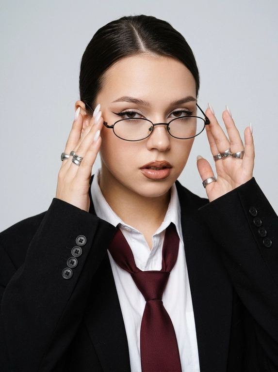 Используй приложенное фото и создай снимок, где крупным планом изображена эта женщина, одетая в белую рубашку с расстегнутыми верхними пуговицами, черный оверсайз пиджак и расслабленно завазанный бордовый мужской галстук, что создает деловой, но неформальный образ. Черты лица, телосложение, цвет волос остаются неизменными с референсом. Волосы убраны назад в гладкий пучок, боковой пробор. На лице женщины узкие овальные очки в тонкой черной оправе. Выражение лица уверенное, надменное, смотрит в камеру из под очков и поправляет очки двумя руками. Губы слегка приоткрыты. На пальцах видны массивные серебрянные кольца.  Маникюр. длинные ногти миндальной формы, покрытые молочным лаком. Макияж в стиле офисной сирены: тонкие брови, выразительные стрелки на глазах, растушеванные светлые тени, губы подведены коричневым карандашом, глянцевые. Освещение мягкое и равномерное, создающее студийную атмосферу. Фон чистый, однотонный, светло-серый, который контрастируют с темным пиджаком и галстуком. Общая атмосфера снимка - сексуальная, стильная и современная. Y2K стиль, зернистость, легкий винтажный фильтр.