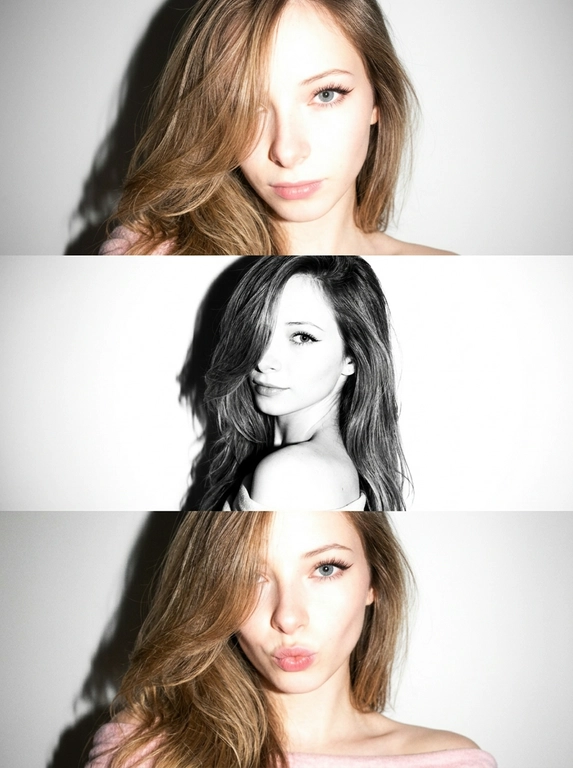 Не меняя черты лица как на фото, вертикальный коллаж из трех фото в стиле Y2K, персонаж позирует на нейтральном светлом фоне, жесткое прямое освещение от вспышки, создающее резкие тени на стене позади и эффект пересвета, лисий макияж, выраженные ресницы с вытянутым уголком, на первом и третьем кадре нет черно-белой обработки, второй кадр — черно-белый, на первой фотографии она очень близко к камере и смотрит прямо в объектив, на втором кадре корпус развернут, голова кокетливо повернута к объективу, на третьей фотографии она снова очень близко к камере, смотрит в объектив, дует губы бантиком и смотрит вперед, сочетание цветных снимков с мягким фокусом и черно-белого кадра с высокой контрастностью, крупный и средний план, минималистичная композиция, винтажная цифровая текстура, легкая размытость, гламурная атмосфера.




Какая будет прическа?: Женщина с красивой, объемной укладкой, укладка выглядит так, будто сделана на брашинг; укладка немного прикрывает лицо, но не сильно; укладка уложена на бок и частично закрывает левый глаз.
