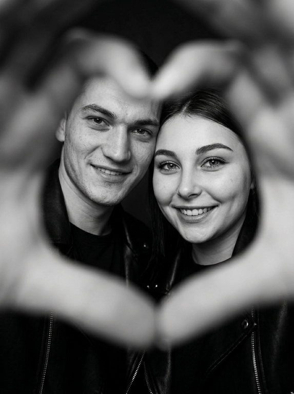 Ultra-realistic editorial photography of a smiling couple in a romantic and cinematic composition. The couple is centered in the background of the image, looking directly at the camera with a spontaneous, happy, and natural expression. In the foreground, extremely close to the lens and slightly out of focus, the couple’s hands form a heart shape perfectly framing their faces.

The composition creates strong visual depth, with sharp focus on the eyes and faces inside the heart formed by the hands. The hands occupy a large portion of the foreground, artistically blurred around the edges, creating a sophisticated cinematic effect.

Intimate, emotional, and elegant aesthetic inspired by modern perfume campaigns and premium lifestyle editorials. Soft studio lighting with delicate contrast and natural shadows. Minimalistic dark blurred background.

The couple wears minimalistic black leather jackets and sophisticated dark clothing. Genuine expressions, strong emotional connection, contemporary romantic atmosphere. Hyper-realistic skin texture, visible pores, detailed hair strands, authentic human appearance.

Black and white photography, rich tones, deep blacks, and soft highlights. 85mm lens, shallow depth of field, cinematic portrait photography, luxury editorial style, ultra detailed, hyper realistic, 8K.