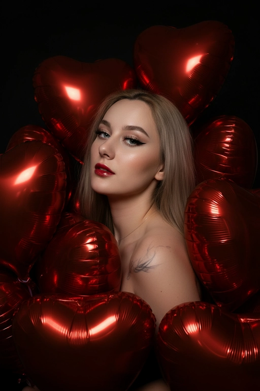Использовать прикрепленное фото внешности человека. Ультрафотореалистичный портрет женщины в эстетике 14 февраля. Полная темнота, освещение от вспышки. Вертикальный кадр среднего плана. Композиция центрированная, модель плотно окружена множеством фольгированных красных воздушных шаров в форме сердца, которые формируют плотную визуальную рамку вокруг лица и плеч, частично перекрывают тело и располагаются как на переднем плане, так и за спиной. Фон тёмный. Плечи открыты, образ минималистичный, внимание сосредоточено на лице. Макияж: ровный тон кожи с естественной текстурой, черные стрелочки, тени с шимером, глянцевые губы, длинные ресницы. Голова немного наклонена вбок, кокетливое выражение лица. Профессиональное освещение.