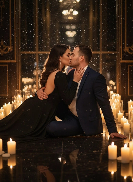 Лица людей оставить строго без изменений.
Мужчина и женщина сидят на полу в роскошной интерьерной обстановке, окружённые зажжёнными свечами. Женщина расположена слева, в длинном чёрном вечернем платье с открытой спиной, её тело слегка развёрнуто к мужчине, она наклоняется к нему, глаза закрыты, губы соприкасаются с его губами в нежном поцелуе. Мужчина сидит справа, опираясь одной рукой о пол, другой рукой обнимает женщину за талию и спину, его поза уверенная и защищающая. Атмосфера кадра — интимная, чувственная, кинематографичная, с ощущением страсти, тишины и роскошного вечера. Освещение — тёплый мягкий свет от множества свечей, создающий золотистое свечение, глубокие мягкие тени и выразительное боке на фоне. В воздухе присутствует эффект падающего снега или светящихся частиц, добавляющий драматичности и сказочности сцене. Фон — тёмное пространство с огнями и отражениями, без чётких деталей, подчёркивающее интимность момента. Ракурс — средний план с лёгким нижним углом съёмки, камера расположена на уровне сидящих фигур, создавая эффект присутствия. Глубина резкости малая, фокус на лицах и прикосновениях, фон и свечи мягко размыты. Обработка фотографии — кинематографическая, с тёплой цветокоррекцией, мягким контрастом, натуральной кожей, аккуратной премиальной ретушью. Эффекты камеры — портретный объектив, выраженное боке, мягкое свечение огней, эффект luxury cinematic photography. Образы моделей — мужчина в тёмно-синем классическом костюме с белой рубашкой, женщина в элегантном чёрном платье с гладкой текстурой ткани и длинными серьгами, образы подчёркивают статус, страсть и вечернюю роскошь.
Негативный промт: деформированные лица, изменённая внешность, искажённые черты лица, низкое качество, нереалистичная кожа, нереалистичные модели, нарисованное фото, нереалистичное фото.