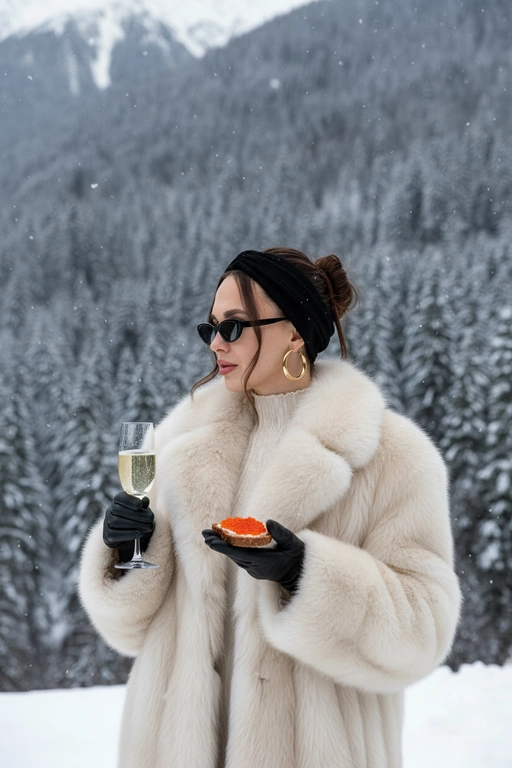 Создай портрет, не меняя черты лица. Элегантная женщина в стиле «Slavic Girl» позирует на фоне заснеженного зимнего леса. На ушах золотые серьги круглой формы, золотого цвета.  Она одета в роскошную объемную шубу из светлого меха, белый свитер с высоким горлом, черную повязку на голову и стильные черные узкие солнцезащитные очки. Ракурс в полупрофиль. На руках — черные кожаные перчатки. В одной руке она держит бокал игристого шампанского, а другой ест бутерброд с красной икрой. Атмосфера роскоши, зимняя эстетика, мягкое естественное освещение, высокое качество, реализм. Ее собраны в небрежный пучок