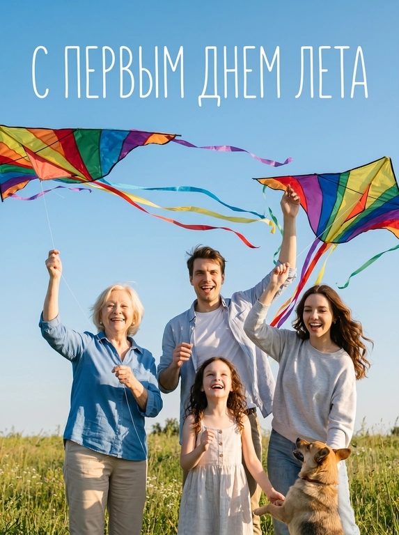 Используй загруженные фото как референс внешности. Сохрани узнаваемые черты лица, возраст, естественные пропорции, живую мимику и индивидуальность каждого человека.

Сценарий 1: если на загруженных фото один человек — создай фотосессию с одним человеком. Летняя фотосессия на открытом поле в солнечный день. человек запускает большой воздушный змей на фоне яркого голубого неба. Камера снята снизу вверх, ракурс немного снизу, крупный живой кадр по пояс или почти в полный рост. Радостная улыбка, взгляд в камеру, руки подняты вверх. В руках разноцветный воздушный змей, длинные ленты, которые развеваются на ветру.

Сценарий 2: если на загруженных фото несколько людей — покажи только людей с загруженных фото. Количество людей в кадре должно точно соответствовать количеству людей на загруженных фото. Летняя фотосессия на открытом поле в солнечный день. Персонажи запускают большие воздушные змеи на фоне яркого голубого неба. Камера снята снизу вверх, ракурс немного снизу, крупный живой кадр по пояс или почти в полный рост. Радостные улыбки, взгляд в камеру, руки подняты вверх. В руках эстетичные воздушные змеи ярких тонов и длинные ленты, которые развеваются на ветру.

Одежда лёгкая летняя. Волосы естественно развеваются, позы свободные, динамичные, как в настоящей съёмке на природе.

Фон: чистое синее небо, ощущение тёплого летнего дня, каникул и радости. Воздушные змеи крупные, тканевые, с длинными цветными лентами, создают движение в кадре.

Свет яркий дневной, тёплое солнце, натуральные тени на лицах и одежде, реалистичная текстура кожи, ткани и волос. Цветокоррекция в стиле плёночной летней фотографии: насыщенное голубое небо, тёплые оттенки кожи, мягкий контраст, лёгкое зерно.

Фотореализм, professional lifestyle photography, flying kites, natural emotions, dynamic composition, high detail, realistic camera perspective, 4:5 vertical composition.

Сверху кадра тонким рукописный шрифтом, высокие узкие буквы, слегка неровные линии, стиль детской книги, ощущение ручной надписи маркером или кистью, белый цвет текста, чистое и хорошо читаемое оформление написано на русском: С ДНЕМ ЗАЩИТЫ ДЕТЕЙ. 

Какая будет подпись?: Сверху кадра написано на русском: «С ПЕРВЫМ ДНЕМ ЛЕТА». Белый тонкий рукописный шрифт, высокие узкие буквы, слегка неровные линии, стиль детской книги, ощущение ручной надписи маркером или кистью, аккуратное и хорошо читаемое оформление.