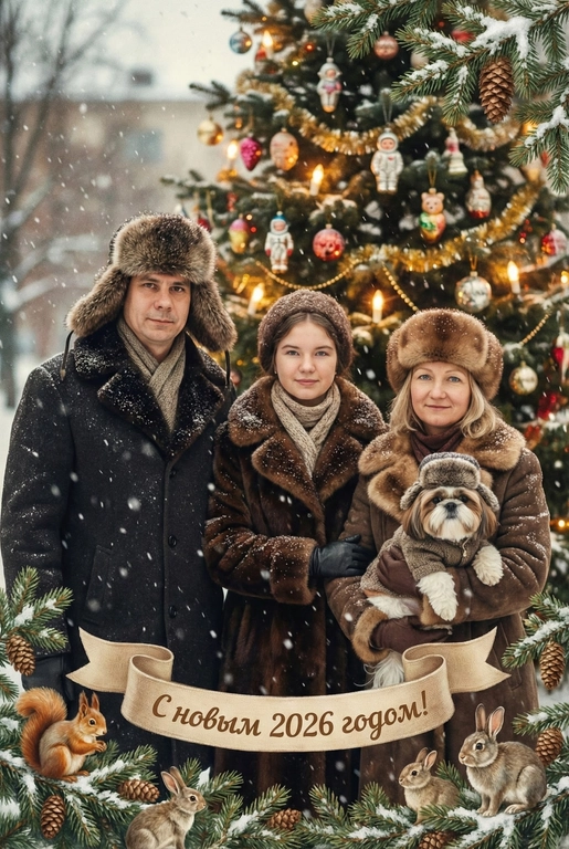   создай новогоднюю фотографию в стиле советского фильма: лица максимально похожи на исходное фото, на улице, в старой зимней одежде (пальто/шуба с меховым воротником, меховая шапки из ондатры или норки). Идёт снег. На фоне размытая украшенная советскими стеклянными игрушками ёлка с гирляндами и тёплыми огоньками. Внизу бежевая декоративная лента с надписью. Рамка по краям из еловых веток со снегом, добавить шишки, белочек и зайчиков. Атмосфера уюта и ностальгии, мягкие кистевые мазки, тонкая плёночная зернистость, мягкая глубина резкости. Надпись на ленте: "С новым 2026 годом!"