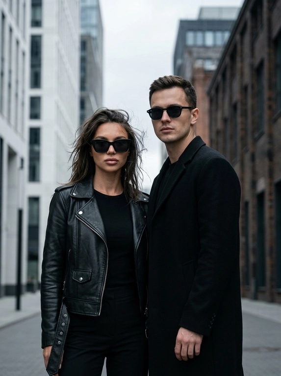 Create an ultra-photorealistic cinematic couple portrait on a modern city street. A stylish woman stands on the left, closer to the camera, wearing black sunglasses and an all-black outfit with a black leather jacket or long coat. Her hair is slightly messy and blown by the wind, and she looks serious and confident toward the camera. Slightly behind her on the right stands a stylish man small black sunglasses, and a minimalist all-black coat, with a calm and attractive serious expression. They stand very close together with natural intimacy and effortless chemistry. The background is a blurred modern urban street with tall white-gray buildings on one side and darker brick buildings on the other. Use soft cool overcast daylight, high contrast, cool neutral tones, shallow depth of field, natural bokeh, and a chic moody European fashion-film atmosphere. Vertical close framing, half-body to three-quarter portrait, 85mm lens, highly detailed realistic skin and textures, authentic street-fashion photography, not AI-looking.