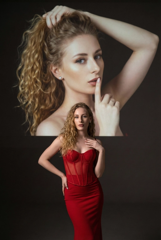 Создайте фотографию женщины в элегантной позе. На ней — слегка прозрачный облегающий красный корсет и длинное облегающее красное платье. Одной рукой она касается области груди, а другой — мягко опирается на бедро, что создаёт динамичную позу. Она смотрит с уверенностью и чувственностью. На ней простые серьги.
Эта женщина на переднем плане занимает меньшую часть высоты изображения. На ней — слегка прозрачный облегающий красный корсет и длинное облегающее красное платье.
Фон тёмный и минималистичный, с мягкой теневой проекцией той же женщины (в другой позе или в виде абстрактной фигуры) в верхней части изображения. Проекция — естественное цветное изображение женщины, которая представлена значительно крупнее и занимает большую часть верхней части фона. Она выглядит соблазнительно: одной рукой держит волосы, а палец другой руки прижала к губам, смотря при этом соблазнительным взглядом.
Не изменяй черты лица. Длинные волнистые волосы