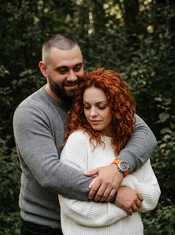 Кадр из фотосессии, изображающий пару в объятиях. Мужчина стоит позади женщины и обнимает её. Он одет в серый вязаный свитер с длинными рукавами. На его запястье видны часы с оранжевым браслетом 
 Женщина одета в белый свитер крупной вязки. Её лицо слегка опущено. Они находятся на фоне темной, размытой листвы, вероятно, в лесу или парке. Не менять прическу и сохранить черты лица 

Атмосфера интимная и нежная. Цветовая гамма приглушенная, с преобладанием серых, белых и темно-зеленых оттенков. Освещение мягкое, создающее ощущение уюта и уединения.
