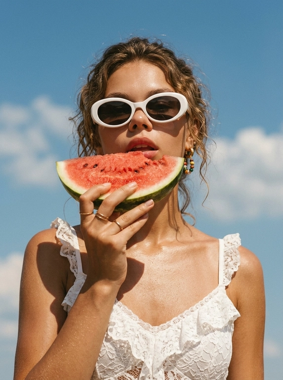 Фотореалистичный летний fashion-портрет, плёночная редакторская эстетика. Крупный план в 3/4, кадр по плечи и верх груди, камера чуть снизу, лицо в верхней части кадра на фоне неба, вертикальная ориентация. Женщина подносит крупный ярко-красный ломоть арбуза, который держит одной рукой у губ; губы слегка приоткрыты, голова чуть приподнята, взгляд в камеру, выражение чувственное, лёгкое летнее настроение. Образ: белый кружевной топ с рюшами на тонких бретелях, золотые серьги с цветными бусинами, тонкие золотые кольца. Кожа загорелая, сияющая, с лёгким влажным блеском на солнце; макияж естественный: ровный светящийся тон, выразительные брови, мягкие тени, глянцевые губы. Фон: ясное ярко-голубое летнее небо с лёгкими белыми облаками. Свет яркий прямой полуденный солнечный, тёплый, создаёт глянцевые блики на коже и сочные тени, ощущение знойного дня. Тёплая плёночная цветокоррекция, слегка винтажная и приглушённая, мелкое плёночное зерно, насыщенные тёплые тона, контраст голубого неба и тёплой кожи, мягкий контраст, глянцевый летний редакторский вайб.

Какая будет прическа?: Волосы уложены в пляжные локоны

Нужны ли на фото очки? : На глазах белые ретро-очки овальной формы