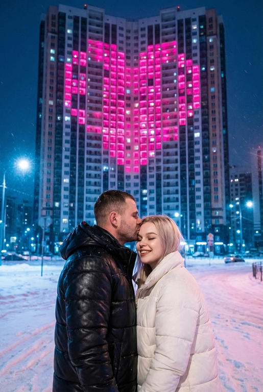  Создай не меняя черты лица. Романтический снимок пары, стоящей на заснеженной городской улице поздним вечером. Главный объект – крупный план пары: мужчина в черной кожаной дутой зимней куртке нежно целует женщину в белой дутой куртке в лоб, она стоит с прикрытыми глазами, улыбаясь. За ними возвышается массивный современный жилой небоскреб, на фасаде которого окна на нескольких этажах подсвечены ярким  светом, формируя огромное пиксельное сердце. Освещение драматичное, контрастное, с преобладанием холодных тонов в небе и тёплого, неонового розового свечения от здания. Снег на земле отражает свет. Урбанистическая, зимняя, кинематографическая фотография, атмосферный кадр.