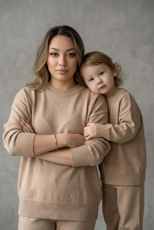 Используй эти два фото мамы и дочери и создай для них студийный портрет в чистом и элегантном стиле. Они стоят рядом, очень близко друг к другу. Дочь мягко обнимает маму за руку и слегка к ней прижимается со спины. Мама сложила руки перед грудью. Образ минималистичный, современный и стильный. На руке у матери тонкий золотой браслет. Профессиональный макияж и прическа.  Не менять черты лица ни на 1 процент. Фон — нейтральный серый с мягкой текстурой. Освещение рассеянное, мягкое, подчёркивающее естественные тона кожи. Атмосфера тёплая, нежная и спокойная, в стиле журнальной съёмки. Обе в свободных стильных бежевых свитерах и брюках.