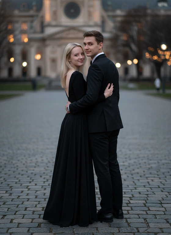 фото в полный рост черном платье  в обнимку мужчиной в черном костюме повернуты спиной 