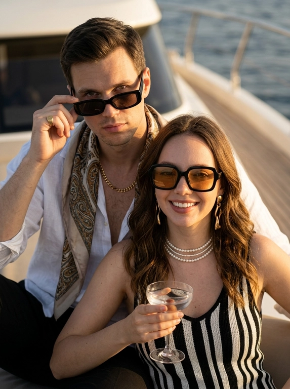 Luxury fashion editorial close-up portrait of a stylish couple on a luxury yacht during golden hour. Tight shoulder-up composition with the woman positioned in the foreground and the man standing slightly behind her. Both face the camera with calm, confident expressions.

The man is slightly leaning forward, gently lowering his rectangular black sunglasses with one hand while looking directly into the lens. He wears an open white linen shirt, a draped paisley silk scarf around his neck, a chunky gold chain necklace and a gold signet ring. Warm sunlight creates a natural sheen on his skin and highlights the texture of his clothing.

The woman stands directly in front of him wearing oversized square black sunglasses with warm amber lenses, bold layered pearl choker necklaces, long sculptural gold earrings and a sleeveless black-and-white vertically striped knit dress. She holds a shallow coupe cocktail glass with a clear drink and a single cherry garnish near the bottom of the frame.

The background shows a calm open sea and the blurred deck of a luxury yacht. Warm golden hour sunlight comes from the side, creating soft cinematic shadows, rich golden highlights and deep contrast. Ultra-realistic luxury fashion photography, premium Mediterranean yacht lifestyle aesthetic, cinematic editorial composition, extremely sharp facial details, natural skin texture, premium accessories, realistic reflections in the sunglasses, shallow depth of field, high-end magazine quality, warm tones, 85mm lens, f/2.0, HDR, RAW photo, ultra photorealistic, no AI look.