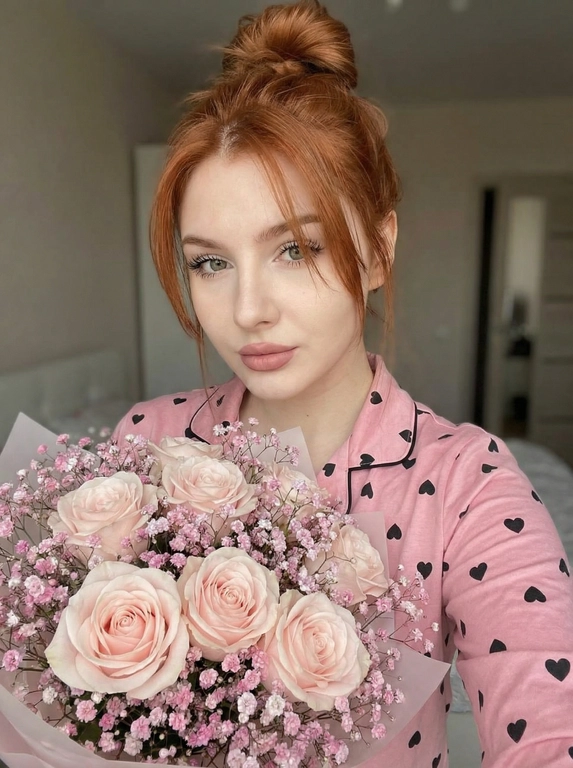 Селфи девушки с букетом в розовой пижаме с сердечками