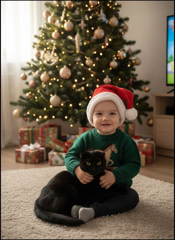 
Максимально сохранить черты лица и возраст ребенка, годовалый ребенок сидит держит на руках кота , на заднем фоне новогодняя ёлка с подарками, мальчик одет в свитер с вышивкой лошади на голове рождественский колпак
