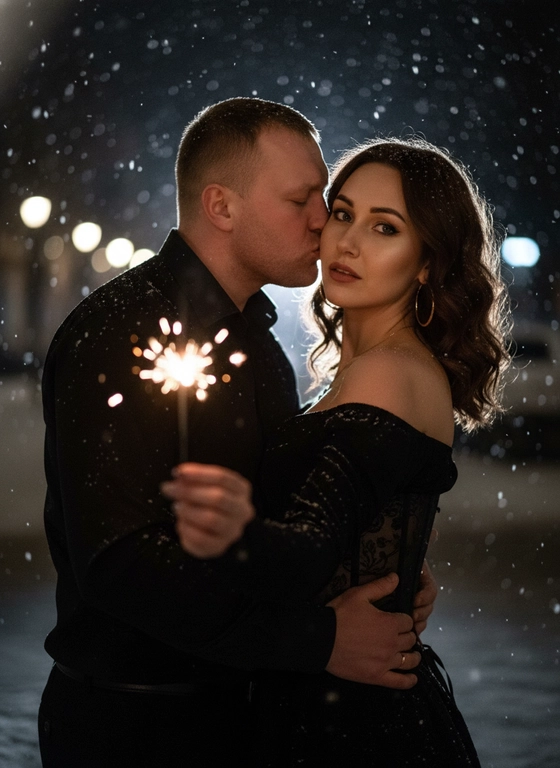 Создай портрет, не меняя черты лица. Кинематографический стиль с добавлением зерна
Крупный план лиц мужчины и женщины с фото.т
Она в черном корсетной  кофте с рукавами частично кофта спущена с плеча 
Мужчина в чёрной рубашке  
За ними светит тускло светлый свет подсвечивая их силуэты, идёт легкий снег, снег  на волосах и плечах 
Они стоят на улице ночью 
Между ними страсть мужчина обнимает её и целует в щеку  
Волосы у девушки волнистые ниже плеч, на ушах золотые серьг  круглой формы.  У девушки профессиональный макияж. 
Девушка смотрит в камеру. 
Девушка держит бенгальский огонь протягивая его в камеру,бенгальский огонь  на переднем плане.
Эстетика роскоши, высокое разрешение,гиперреализм, текстура детально проработаны. Dramatic studio lighting, chiaroscuro, high contrast. Quality: 8k, hyper-realistic, highly detailed textures.