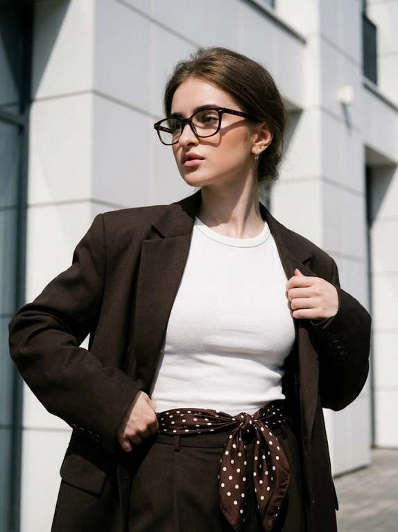 Экстремально крупный план по пояс. Модель на фоне здания с белой отделкой. День, солнечно. Одета в тёмно-коричневый строгий костюм оверсайз, вместо ремня на поясе завязан шёлковый платок тёмно-коричневого цвета с белыми кружками. На глазах тёмно-коричневые стильные очки для зрения. Смотрит в сторону, поправляя пиджак, слегка наклонившись. Фото слегка смазанное. Кинематографический эффект с добавлением зерна. Без улыбки. Не меняй черты лица. Фото затемнено.