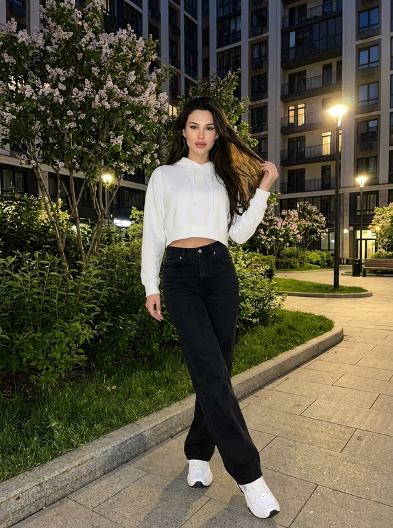 Не меняя внешность. Фото снято ночью на iPhone. Женщина в городском дворе, мягкий тёплый свет фонаря, вокруг зелень, цветущие деревья и современный жилой комплекс.
Она стоит расслабленно, слегка развернувшись в сторону, ноги перекрещены. Одна рука играет с прядью волос. Взгляд — кокетливый, уверенный.
Образ современный и молодёжный: укороченная худи, широкие джинсы с высокой посадкой и массивные кроссовки. Минималистичные украшения — тонкие серьги-кольца.
Макияж аккуратный: ровный сияющий тон, графичные брови, длинные ресницы с «лисий» эффектом, розово-ягодные губы с блеском, лёгкий хайлайтер на скулах. Ногти — молочный миндаль.
Съёмка со вспышкой: лёгкое зерно, мягкая резкость, высокая детализация кожи и ткани, эффект живого кадра.

Цвет худи: Девушка стоит на двух ногах, на ней белое худи удлинение с капюшон, капюшон не одет! Лицо девушки один в один как на образце! Прическа тоже не меняется! Должна остаться как в оригинале. Джинсы черного цвета. Обувь белые кеды найк.