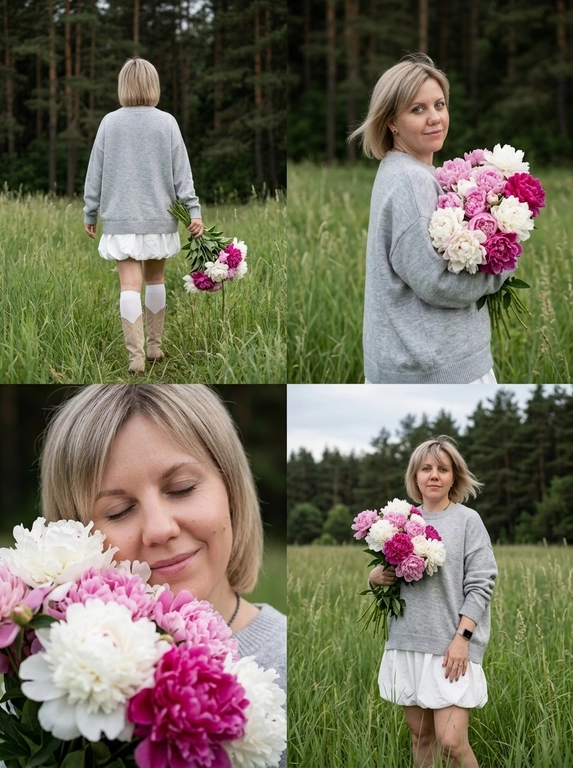 Создать фотореалистичный коллаж из четырех lifestyle fashion-фотографий в единой эстетике. Все кадры сняты на Canon EOS R5, объектив 85 mm, мягкий пасмурный дневной свет, легкая недоэкспозиция, RAW photo, натуральные цвета, живая атмосфера, без ретуши, без HDR, без искусственного размытия. кожа с ровным сияющим тоном, розовые губы с легким сатиновым блеском, аккуратные брови, мягкий luxury nude makeup, естественная текстура кожи без ретуши.

Верхний левый кадр: Женщина снята со спины, идет по высокой зеленой траве к сосновому лесу. В правой руке держит большой букет белых, нежно-розовых и насыщенно-малиновых пионов. На ней объемный светло-серый вязаный oversize-свитер, короткая белая юбка-баллон, белые высокие носки и светлые замшевые казаки.

Верхний правый кадр: поясной портрет. она поворачивается через плечо к камере, смотрит прямо в объектив с мягкой уверенной полуулыбкой. Букет прижат к груди, волосы свободно развеваются. На фоне высокая луговая трава и темный сосновый лес.

Нижний левый кадр: крупный портрет. Она прижимает пышный букет пионов к лицу, глаза закрыты, легкая счастливая улыбка. Цветы частично закрывают лицо, акцент на текстуре лепестков, естественной коже и волосах.

Нижний правый кадр: съемка в полный рост. Она стоит среди высокой травы, слегка развернув корпус в сторону, смотрит прямо в камеру сквозь пряди волос. Букет лежит на согнутой руке, другая рука расслабленно опущена. Свитер свободно спадает по фигуре, белая юбка-баллон создает легкий объем. Атмосфера спокойного летнего вечера, природная эстетика, premium editorial fashion photography.