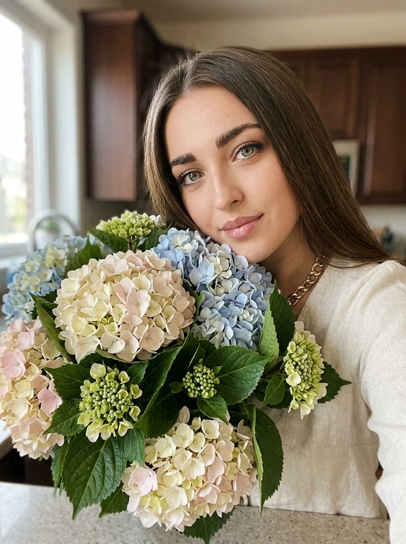 Портрет женщины в стиле «цветочного селфи» — модель держит перед собой огромный букет цветов, частично скрывающий её тело, но оставляющий лицо открытым. Ракурс — крупный план, снятый на уровне глаз или чуть ниже, камера направлена прямо на модель, создавая эффект личного взгляда зрителя в глаза героини. Поза расслабленная, естественная: женщина слегка наклоняется к цветам, подбородок опирается на верхнюю часть букета, взгляд прямой, мягкий, с легкой улыбкой — выражение лица: спокойствие, удовлетворенность, внутренняя гармония, как будто она только что получила этот подарок и наслаждается моментом. Букет: более 30 крупных цветов; некоторые цветы полностью раскрыты, другие — еще в бутонах, создавая объем и динамику. Зеленые стебли и листья свежие, сочные, с видимыми прожилками и естественным блеском; букет плотно собран и занимает нижнюю половину кадра. Топ нейтрального цвета, который не отвлекает внимание от цветов и лица. Фон — размытый интерьер помещения, возможно кухня или гостиная: видны темные стены или шкафы, светлая столешница или подоконник внизу кадра; глубина резкости малая (боке), фон теряет детали, чтобы акцентировать внимание на лице модели и цветах. Освещение — естественный дневной свет, падающий слева или спереди, создает мягкие тени на правой стороне лица и тела, подчеркивает объем цветов и текстуру лепестков; видны блики на глазах, губах и глянцевых поверхностях листьев. Нет резких контрастов — свет равномерный и flattering для портрета. Обработка и стиль: фильтр «soft floral natural» — легкое размытие фона (боке) для усиления глубины; добавление микро шума для эффекта пленки Kodak Portra 400; усиление контраста в области лица и цветов, чтобы выделить детали кожи и лепестков. Цветокоррекция сбалансированная.  Эмоциональный тон — радость, благодарность, женственность, ощущение момента «счастье в мелочах» — простое, но глубокое удовольствие от красоты природы и внимания. Дополнительно: добавить детали — блики на глазах и губах, отражение света в лепестках и листьях, легкие складки ткани на одежде, текстуру кожи с мельчайшими порами, едва заметную пыль в воздухе для объема. Композиция — правило третей, лицо модели смещено вправо, букет занимает левую и нижнюю часть кадра, создавая визуальный баланс. Стиль — эстетика Instagram-фотографий 2020-х, смесь lifestyle и portrait photography, с акцентом на эмоции, натуральность и красоту повседневных моментов.


Какие будут цветы?: У неё в руках букет гортензий.
