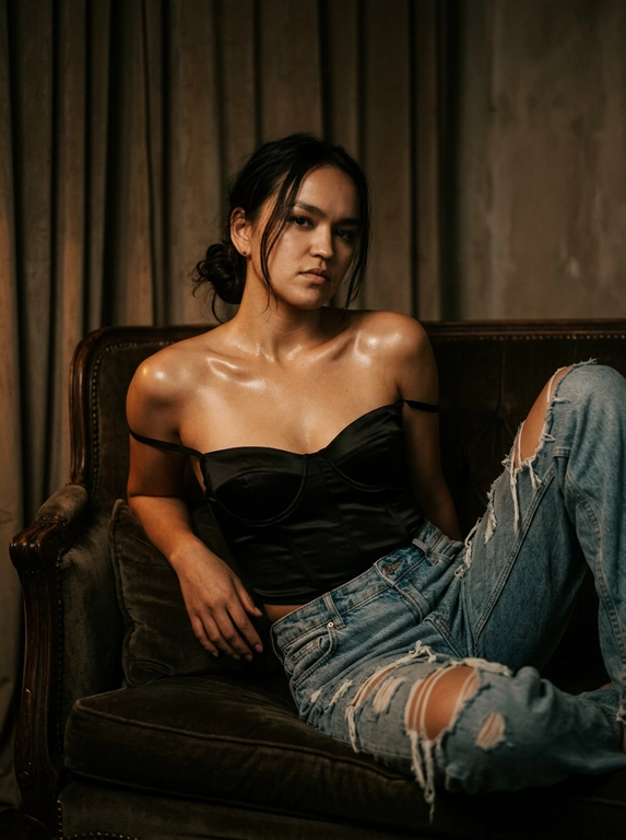 Абсолютное сохранение черт лица модели, внешность 1:1, не искажать и не менять лицо.
Общая стилистика:
Глубокий, атмосферный, интимный fashion editorial портрет с кинематографическим качеством. Изображение должно быть "moody" (настроенческим), с высоким контрастом и ощущением пленочной фотографии.
Поза и Ракурс:
Женщина в расслабленной позе полулёжа откинулась назад на винтажном бархатном диване глубокого цвета. Корпус развернут в 3/4, одна рука служит опорой за спиной, ноги согнуты в коленях и перекрещены. Ракурс камеры чуть ниже уровня глаз, создавая ощущение подглядывания. Кадрирование по бедра (3/4 роста), основной акцент на ключицы, плечи и зону декольте.
Внешность и Одежда (Без указания цвета волос):
Макияж: Акцент на длинные, разделенные черные ресницы. Мягкий скульптурирующий контуринг лица, естественный румянец. Заметный влажный хайлайт на ключицах и плечах.
Освещение и Интерьер:
Свет: Драматичное, теплое боковое освещение (как от окна на закате) служит рисующим светом, создавая глубокие тени и подчеркивая объем. Тонкий, слабый контровой свет (rim light) едва очерчивает силуэт плеч и прически, отделяя модель от фона.
Окружение: Комната в полумраке. На фоне угадываются тяжелые фактурные портьеры, старая штукатурка на стене или деревянные панели. Атмосфера будуара или старой квартиры.
Технические и Художественные Детали:
Эстетика пленочного кадра, снятого на объектив 35mm или 50mm с открытой диафрагмой (f/2.8), обеспечивающей мягкое, художественное боке на заднем плане. Изображение слегка недоэкспонировано (low key) для насыщенности теней. Цветокоррекция в тёплых, приглушённых бежево-коричневых и охристых тонах с пониженной насыщенностью холодных оттенков (зеленого и синего). Высокая детализация текстуры кожи, ткани денима и сатина, подчёркнутая легкой, естественной пленочной зернистостью и мягкой виньеткой по краям кадра.

Какая будет прическа?: Волосы собраны в небрежный низкий пучок на затылке, несколько прядей красиво обрамляют лицо и шею.

Какая будет одежда?: Черный корсет-бюстье из шелковистого сатина с приспущенными бретелями. Светлые, свободные джинсы из грубого, сильно рваного и потертого денима.