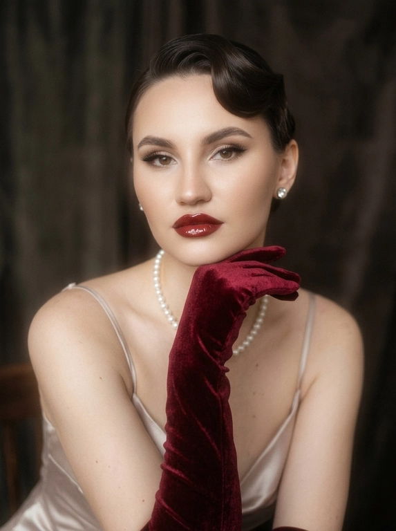 Фотореалистичная художественная fashion-фотография в винтажном стиле, эстетика old-money vintage fashion. Крупный портрет: кадрирование от верхушки головы до верхней части груди/ключиц, лицо занимает большую часть кадра. 
Описание человека: возьми загруженное фото за основу, сохрани лицо.
Образ и детали : классический ретро-glamour. Макияж: ровный фарфоровый тон, мягкие тёплые тени, подчёркнутые ресницы и подводка, выразительные брови; темно-красные губы с чётким контуром и глянцевым финишем. Аксессуары: жемчужные серьги-пусеты и короткое жемчужное ожерелье. На руках длинные темно-красные бархатные перчатки, одна рука поднята к лицу и лежит под подбородком/у линии челюсти, пальцы изящно согнуты. Одежда: светлое атласное/шелковое платье на тонких бретелях (видна верхняя часть), мягкий благородный блеск.
Свет и атмосфера: мягкий рассеянный свет как от окна или лампы с абажуром, тёпло-нейтральный оттенок, нежные тени, лёгкая подсветка скул и линии плеч. Выраженная плёночная дымка (soft haze), мягкое свечение по светам, деликатное зерно, чуть сниженный контраст, пастельная палитра кремовых и серо-оливковых тонов. Фон тёмный, не отвлекающий, с намёком на винтажные ткани и фактуры.
Фокус и детализация: мягкая глубина резкости — лицо и верх образа в фокусе, детали на переднем плане чуть мягче. Высокая детализация материалов (бархат, жемчуг, бархатные перчатки, ткань платья), естественная фактура, аккуратная ретушь без эффекта «пластика». Без текста, без логотипов, без водяных знаков.

Какая будет прическа?: Гладкая ретро-укладка с волной у лба и боковым пробором, аккуратные скульптурные пряди.