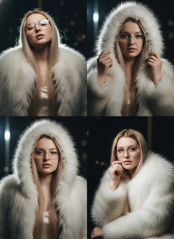Создай триптих с экстремально крупным планом лица, внешность без изменений, контровой свет сзади подчёркивает силуэт, кинематографично с лёгким зерном. Верх: женщина стоит в короткой белой шубе с длинным ворсом, раздельный золотисто-белый атласный комплект на бретелях, прозрачные очки, взгляд вверх, мощная вспышка подчёркивает кожу и мех. Центр: она приподнимает капюшон шубы, длинные распущенные волосы, узкие прозрачные спортивные очки, прямой загадочный взгляд, мягкий свет акцентирует лицо и текстуру меха. Низ: сидит, слегка наклонившись вперёд, рука у подбородка, взгляд через очки, мех окутывает, свет играет на фактурах, волосы обрамляют лицо.