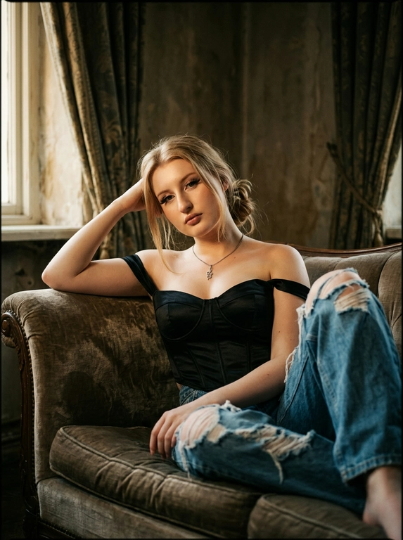 Абсолютное сохранение черт лица модели, внешность 1:1, не искажать и не менять лицо.
Общая стилистика:
Глубокий, атмосферный, интимный fashion editorial портрет с кинематографическим качеством. Изображение должно быть "moody" (настроенческим), с высоким контрастом и ощущением пленочной фотографии.
Поза и Ракурс:
Женщина в расслабленной позе полулёжа откинулась назад на винтажном бархатном диване глубокого цвета. Корпус развернут в 3/4, одна рука служит опорой за спиной, ноги согнуты в коленях и перекрещены. Ракурс камеры чуть ниже уровня глаз, создавая ощущение подглядывания. Кадрирование по бедра (3/4 роста), основной акцент на ключицы, плечи и зону декольте.
Внешность и Одежда (Без указания цвета волос):
Макияж: Акцент на длинные, разделенные черные ресницы. Мягкий скульптурирующий контуринг лица, естественный румянец. Заметный влажный хайлайт на ключицах и плечах.
Освещение и Интерьер:
Свет: Драматичное, теплое боковое освещение (как от окна на закате) служит рисующим светом, создавая глубокие тени и подчеркивая объем. Тонкий, слабый контровой свет (rim light) едва очерчивает силуэт плеч и прически, отделяя модель от фона.
Окружение: Комната в полумраке. На фоне угадываются тяжелые фактурные портьеры, старая штукатурка на стене или деревянные панели. Атмосфера будуара или старой квартиры.
Технические и Художественные Детали:
Эстетика пленочного кадра, снятого на объектив 35mm или 50mm с открытой диафрагмой (f/2.8), обеспечивающей мягкое, художественное боке на заднем плане. Изображение слегка недоэкспонировано (low key) для насыщенности теней. Цветокоррекция в тёплых, приглушённых бежево-коричневых и охристых тонах с пониженной насыщенностью холодных оттенков (зеленого и синего). Высокая детализация текстуры кожи, ткани денима и сатина, подчёркнутая легкой, естественной пленочной зернистостью и мягкой виньеткой по краям кадра.

Какая будет прическа?: Волосы собраны в небрежный низкий пучок на затылке, несколько прядей красиво обрамляют лицо и шею.

Какая будет одежда?: Черный корсет-бюстье из шелковистого сатина с приспущенными бретелями. Светлые, свободные джинсы из грубого, сильно рваного и потертого денима.