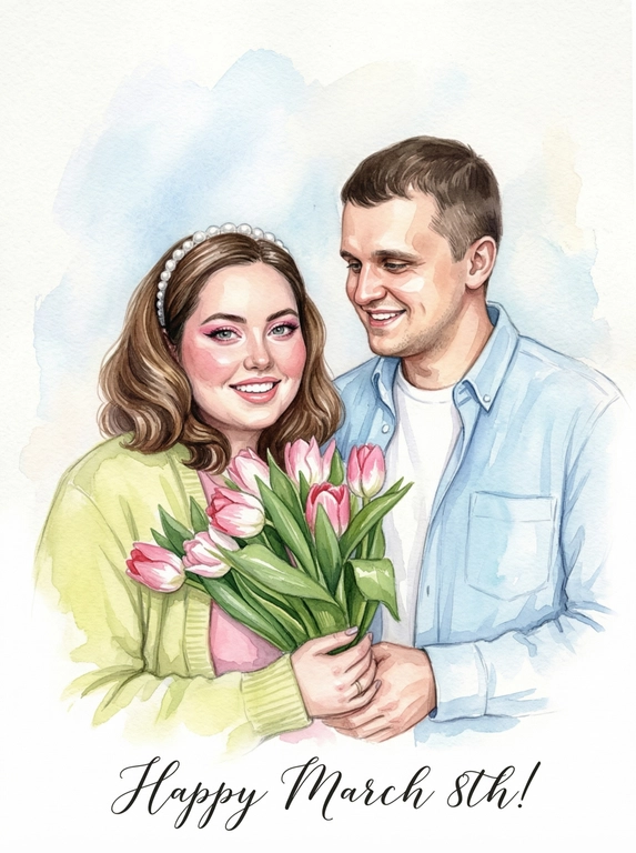 Создай Акварельный портрет к 8 Марта со всеми людьми из предоставленных фотографий. Стиль — мягкая современная живописная иллюстрация, с ощущением тепла, света и искренности. Все люди размещены в центре композиции, средний план, акцент на эмоциях и взаимодействии. Фон — светлый, минималистичный, выполненный в мягкой акварельной или живописной технике с нежными голубыми и белыми разводами. Лица сохранить максимально похожими на оригинальные фотографии, без изменения черт лица, возраста и эмоций, реалистичное сходство с аккуратной художественной стилизацией без искажений. Одежда — лёгкая, современная, в нежных пастельных тонах. В руках у одного из персонажей — большой букет свежих розовых и белых тюльпанов. Главный акцент — на людях, их близости и тёплом взаимодействии. Цветовая палитра светлая, весенняя, пастельная, мягкое естественное освещение. Атмосфера нежности, любви и семейного тепла. Внизу добавить изящную рукописную надпись. 

Какая будет надпись?: Текст снизу: "С 8 Марта!"