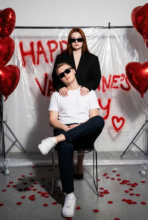 Фотореалистичная редакционная фотосессия пары ко Дню святого Валентина в студии. Фотозона как на референсе: белая студия с прозрачной плёнкой, натянутой на стойках. На плёнке — красные граффити-надписи "Happy Valentine's Day" и сердца в стиле спрей-арта, создающие дерзкий и контрастный фон. По бокам — студийные стойки и красные воздушные шары в форме сердца, на полу разбросаны красные лепестки роз. Атмосфера — современная, fashion, с лёгким арт-хаосом.

Поза и композиция: Крупный план до бедер, мужчина сидит на стуле по центру кадра в позе нога на ногу, уверенная расслабленная поза, его голова немного наклонена в сторону. Девушка стоит за ним, близко, её руки лежат на его плечах или слегка касаются шеи. Между парой ощущение близости и доминирующей, уверенной энергии девушки.
Одежда:
— Мужчина: белая футболка без принтов, тёмные брюки, белые кроссовки. Тёмные очки как fashion-акцент.
— Девушка: чёрный пиджак свободной посадки. Тёмные очки как fashion-акцент.
Выражения лиц: мужчина смотрит в камеру уверенно и спокойно. Девушка смотрит в камеру или слегка сверху вниз, с холодной, контролируемой эмоцией.
Свет: жёсткий студийный свет с акцентом на лица и текстуры, чёткие тени, высокий контраст.
Композиция: вертикальный кадр, пара по центру, фон полностью читается.
Стиль: фотореализм, модная редакционная съёмка, высокая детализация, современный fashion-editorial.