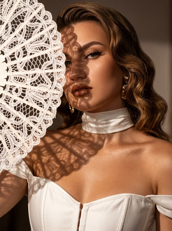 Ultra realistic beauty editorial portrait. Крупный портрет модели: лицо, шея и плечи, лёгкий наклон камеры. Белый кружевной веер частично закрывает лицо, создавая чёткие lace shadows на щеке, глазе, шее и ключице.
Белый структурный корсет с открытыми плечами и плотный satin neck wrap, плотно облегающий шею.  Макияж: sharp eyeliner, длинные ресницы, glossy brown lips, сияющая бронзовая кожа с натуральной текстурой.
Тёплый направленный свет, глубокие тени, золотистый glow, крупные золотые серьги, cinematic contrast, subtle film grain, Vogue aesthetic, RAW realism, ultra detailed 8K, no plastic skin.

Какая будет прическа?: Крупные мягкие голливудские волны, уложенные на один бок, элегантный glam-эффект.