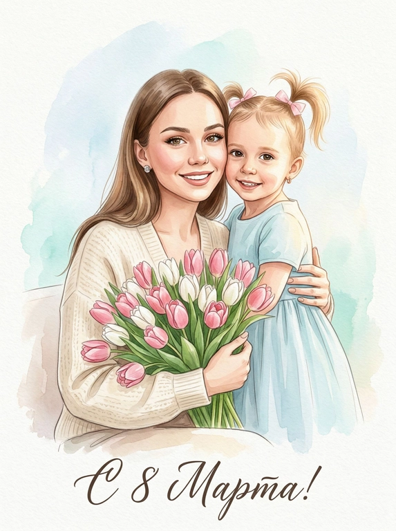 Создай Акварельный портрет к 8 Марта со всеми людьми из предоставленных фотографий. Стиль — мягкая современная живописная иллюстрация, с ощущением тепла, света и искренности. Все люди размещены в центре композиции, средний план, акцент на эмоциях и взаимодействии. Фон — светлый, минималистичный, выполненный в мягкой акварельной или живописной технике с нежными голубыми и белыми разводами. Лица сохранить максимально похожими на оригинальные фотографии, без изменения черт лица, возраста и эмоций, реалистичное сходство с аккуратной художественной стилизацией без искажений. Одежда — лёгкая, современная, в нежных пастельных тонах. В руках у одного из персонажей — большой букет свежих розовых и белых тюльпанов. Главный акцент — на людях, их близости и тёплом взаимодействии. Цветовая палитра светлая, весенняя, пастельная, мягкое естественное освещение. Атмосфера нежности, любви и семейного тепла. Внизу добавить изящную рукописную надпись. 

Какая будет надпись?: Текст снизу: "С 8 Марта!"