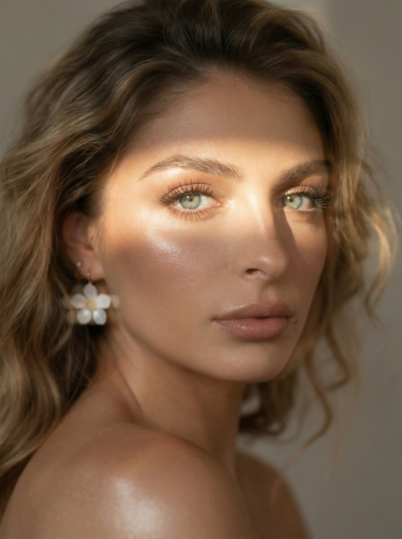 Кинематографический эффект с добавлением зерна. Ультрареалистичный, экстремально крупный портрет части лица девушки: на неё падает солнечный свет полосой, освещая глаза; её голова немного повёрнута в сторону. Тело подсвечено хайлайтером. Макияж лёгкий, с насыщенным хайлайтером; ресницы длинные, пышные. Она смотрит в камеру со спокойным, созерцательным выражением. Освещение мягкое, с лёгким акцентом на её лицо, создаёт нежные тени и подчёркивает черты. В ушах — серьги в виде белых цветов. Фон минималистичный и нейтральный, что усиливает спокойную и элегантную атмосферу. Фото смазанное, как будто сделано в движении, с двойной экспозицией.


Какая будет прическа?: Не изменять мою прическу.