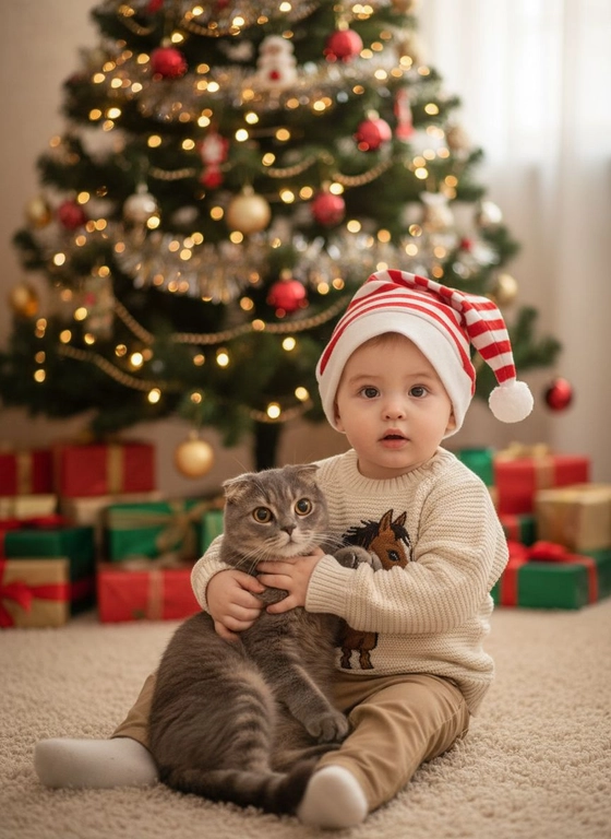 Максимально сохранить черты лица и возраст ребенка, годовалый ребенок сидит держит на руках кота , на заднем фоне новогодняя ёлка с подарками, мальчик одет в свитер с вышивкой лошади на голове рождественский колпак 
