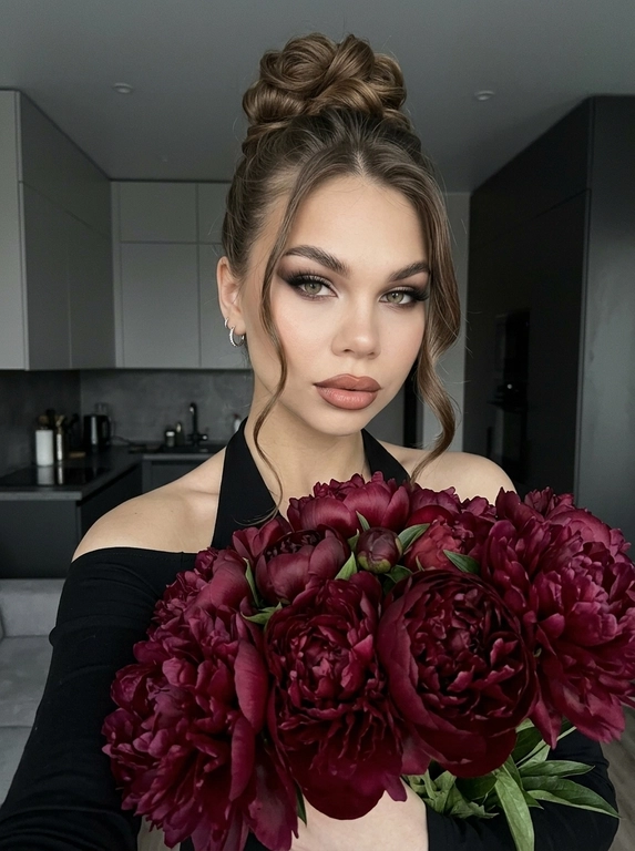 Селфи девушки с высоким пучком и ярким макияжем