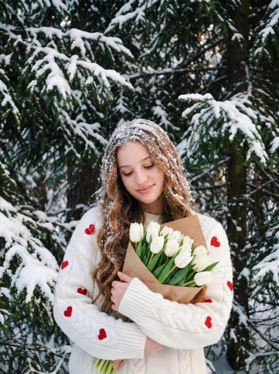   Создано с помощью сервиса Создать фото в режиме PRO

Промпт пользователя:
Привлекательная зимняя портретная фотография в стиле модной 35-миллиметровой пленки, сохраняйте свою внешность, девушка с длинными волнистыми волосами смотрит в камеру, с опущенными глазами, легкой улыбкой, розовыми губами. Белый пушистый свитер с маленькими косами с красными сердечками, рукава падают на кисти. На руках - большой букет белых тюльпанов, завернутый в бумагу, прижатый к груди. Волосы и свитер, ферментированные свежим снегом. Фон - толстый, покрытый снегом, темно-зеленый, с объемной текстурой, толстые, плотно покрытые снегом, еловые ветви покрыты снегом, как в сказочном лесу. Прозрачный: мягкий диффузный дневной, теплый на коже, легкое свечение от снега, без теней. Цвета: чистый белый + ярко-красный + насыщенный темно-зеленый + серебристый, контрастный, но мягкий. Настроение: ...

#цветы #блондинка #праздник #женщина #природа #зима #макияж #натуральность #тренды #иисервис