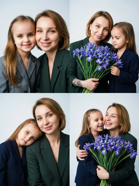 Фотореалистичный кинематографический коллаж в стиле фотобудки 2×2 из четырёх интимных портретов двух человек крупным планом, расположенных в бесшовной сетке 2×2, на каждом кадре показана разная поза и выражение лица.

Персонажи — это реальные люди с загруженной фотографии или фотографий. Использовать ТОЧНОЕ сходство лиц с реальными людьми с загруженного фото или фотографий:
узнаваемые черты лица, форма глаз, носа, губ, без изменения внешности, приоритет портретного сходства, с сохранением узнаваемости лиц, причёсок и пропорций.

Фотосессия к 8 марта. 
Создай трогательные кадры из профессиональной фотосессии в студии, где запечатлены моменты семейной близости двух людей. Сделай так, чтобы все они смотрелись гармонично и трогательно. Они одеты в дорогие костюмы. Освещение холодное. Фон светлый, бесшовный. Фото в стиле Энни Лейбовиц, четкий фокус. Они смотрят в камеру с мягкой улыбкой.

Какие будут цветы?:  У одного из персонажей в руках огромный букет ирисов.