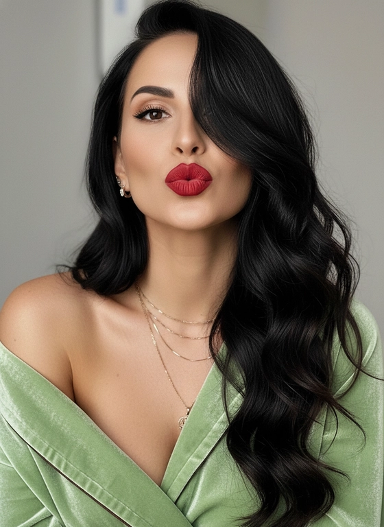 Создайте реалистичную фотографию, не меняя черты лица модели с оригинальной фотографии. Гиперреалистичный портрет потрясающей женщины с длинными черными волнистыми волосами, ниспадающими на ее плечи. Она носит светло-зеленый бархатный халат на плечах, обнажая сияющую и безупречную кожу. Губы окрашены интенсивной матовой красной помадой в кокетливом жесте поцелуя. Волосы частично закрывают один глаз, создавая таинственный и чувственный вид. Макияж гламурный-четко очерченные брови, яркий контур и длинные ресницы. Он носит нежные многослойные золотые ожерелья и сдержанные украшения. Освещение мягкое, студийное, с тонкими тенями и глянцевой отделкой. Редакционная Атмосфера красоты, кинематографический гламур, ультра-детализация, 8K, мягкий фокус, минусы...


